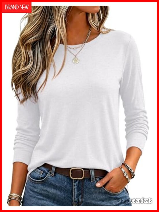 Tops - Long Sleeve Crewneck Tee Soft Stretchy T-Shirt Business Casual Workout